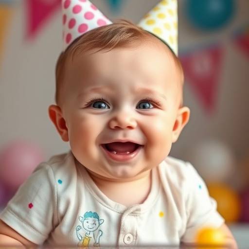 A baby smiling for his 1st birthday photo