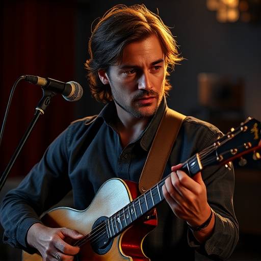 A dramatic portrait of a musician with a vintage guitar.