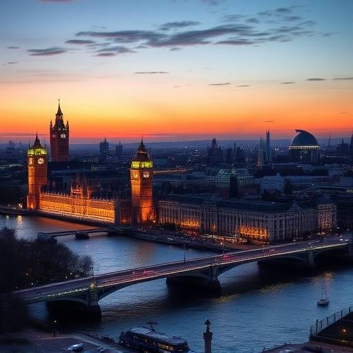 A London cityscape at twilight, showcasing iconic landmarks.