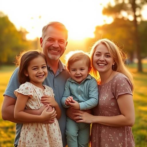 Outdoor portrait of a family of four in a park
